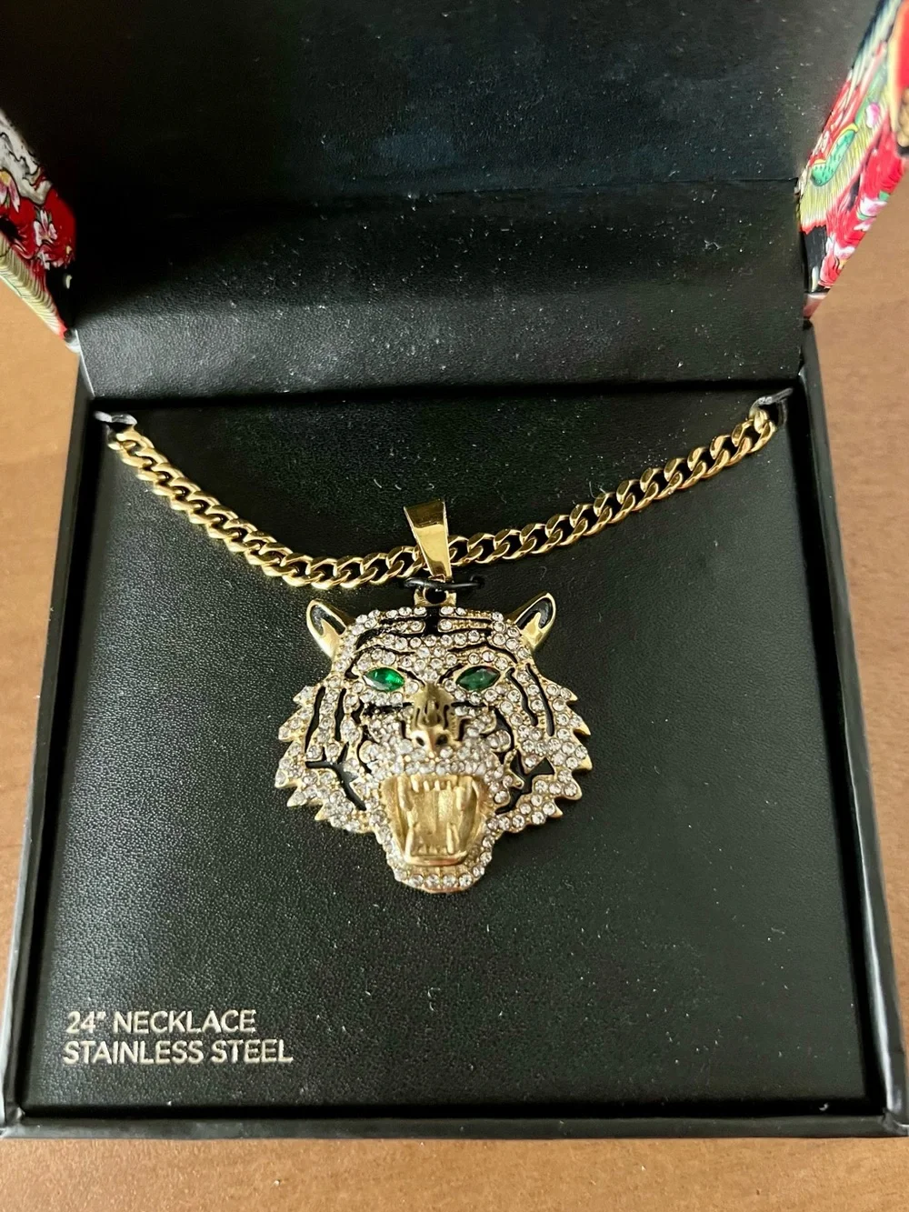 NWT | Ed Hardy Crystal Tiger Pendant Necklace | Gold-Tone Stainless Steel